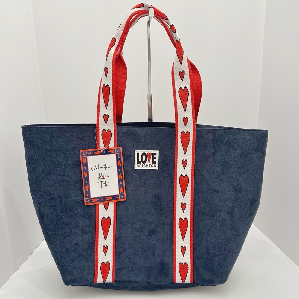 Brighton. VELVETEEN Love Tote Bag
in Navy / Red Hearts webbed straps NWT